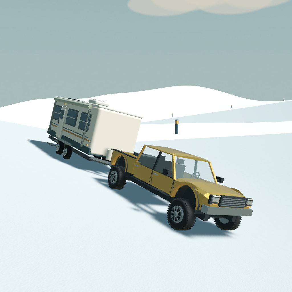 Truckin’ Round app icon: a yellow pickup towing a camper on a snowy mountain